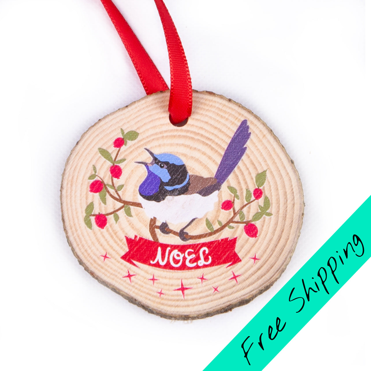 Wood slice christmas ornament with wren design