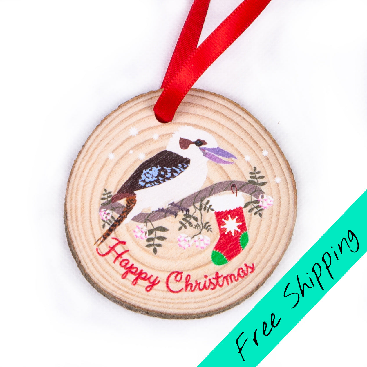 Wood slice christmas ornament with kookaburra design