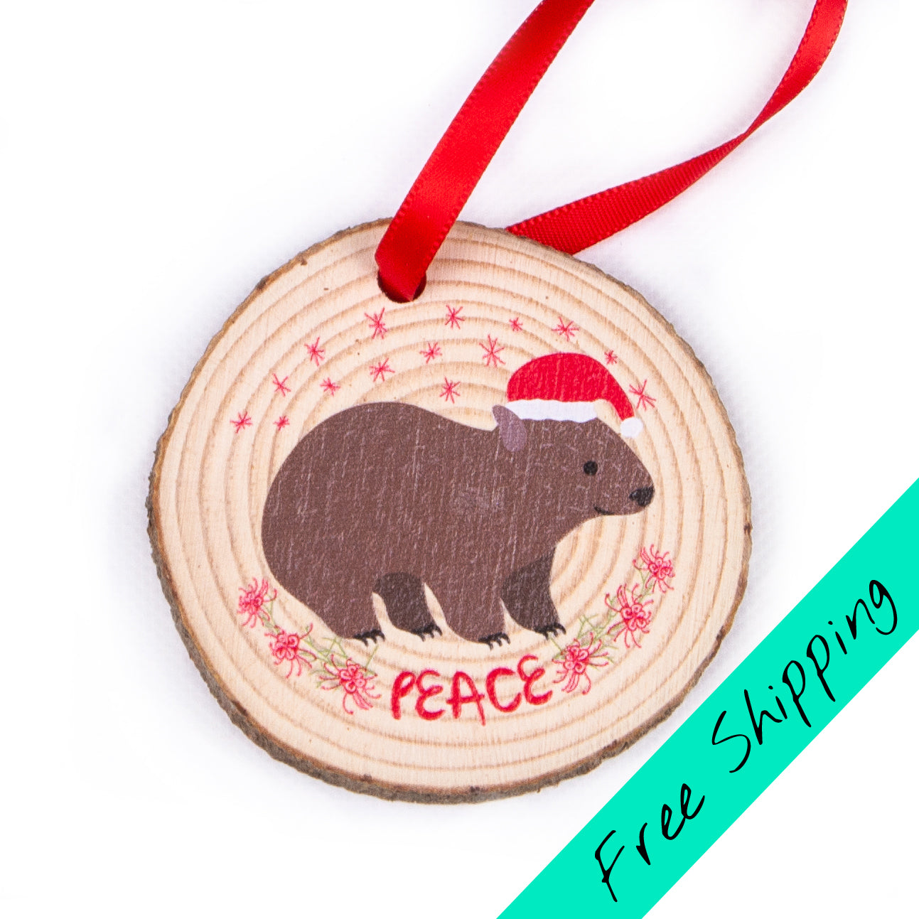Wood slice christmas ornament with wombat design