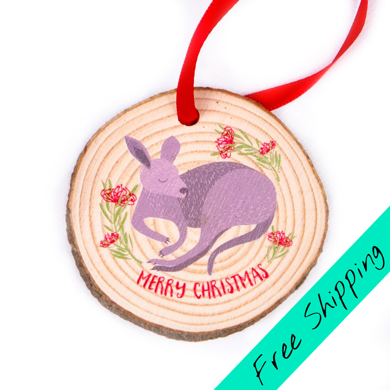 Wood slice christmas ornament with kangaroo design