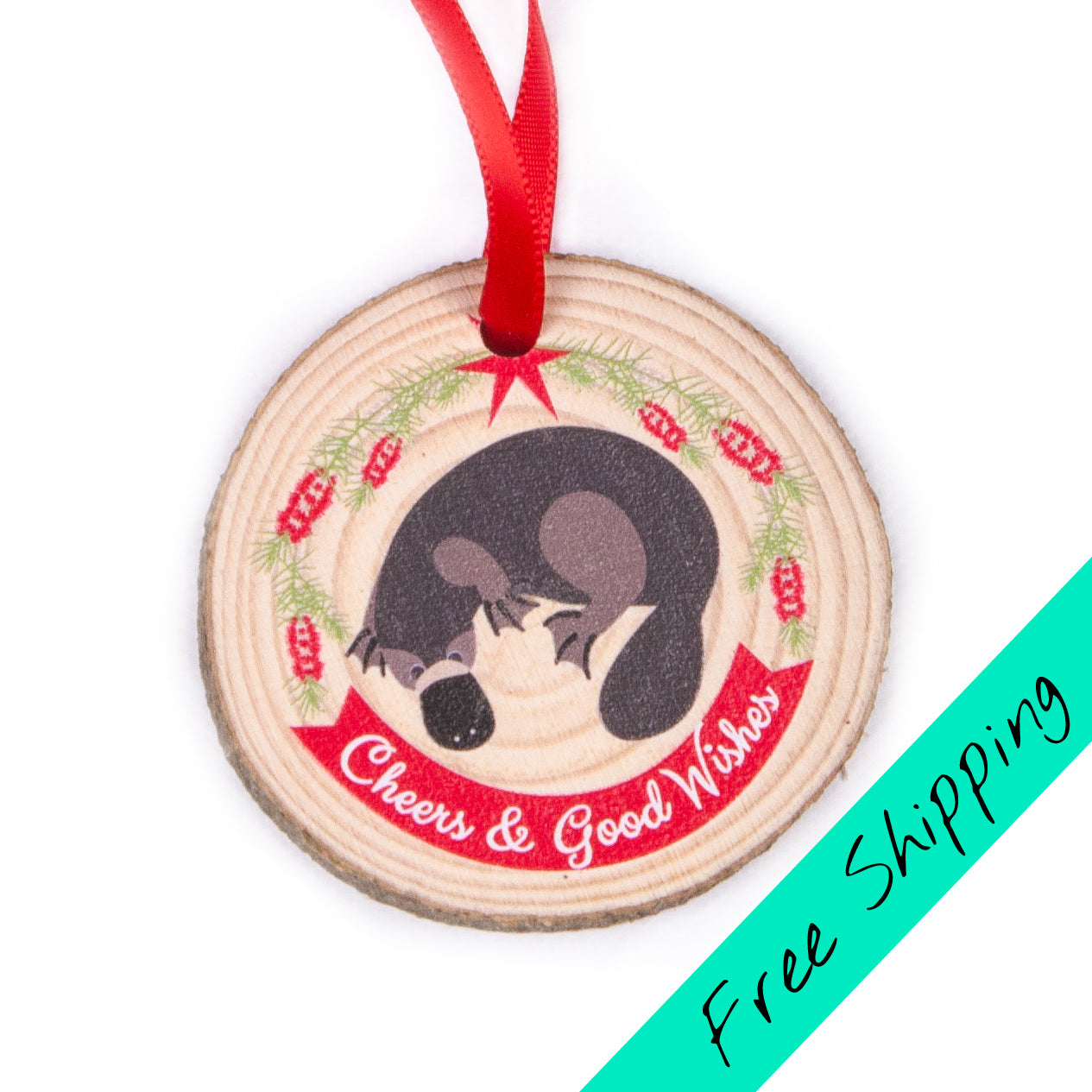 Wood slice christmas ornament with platypus design
