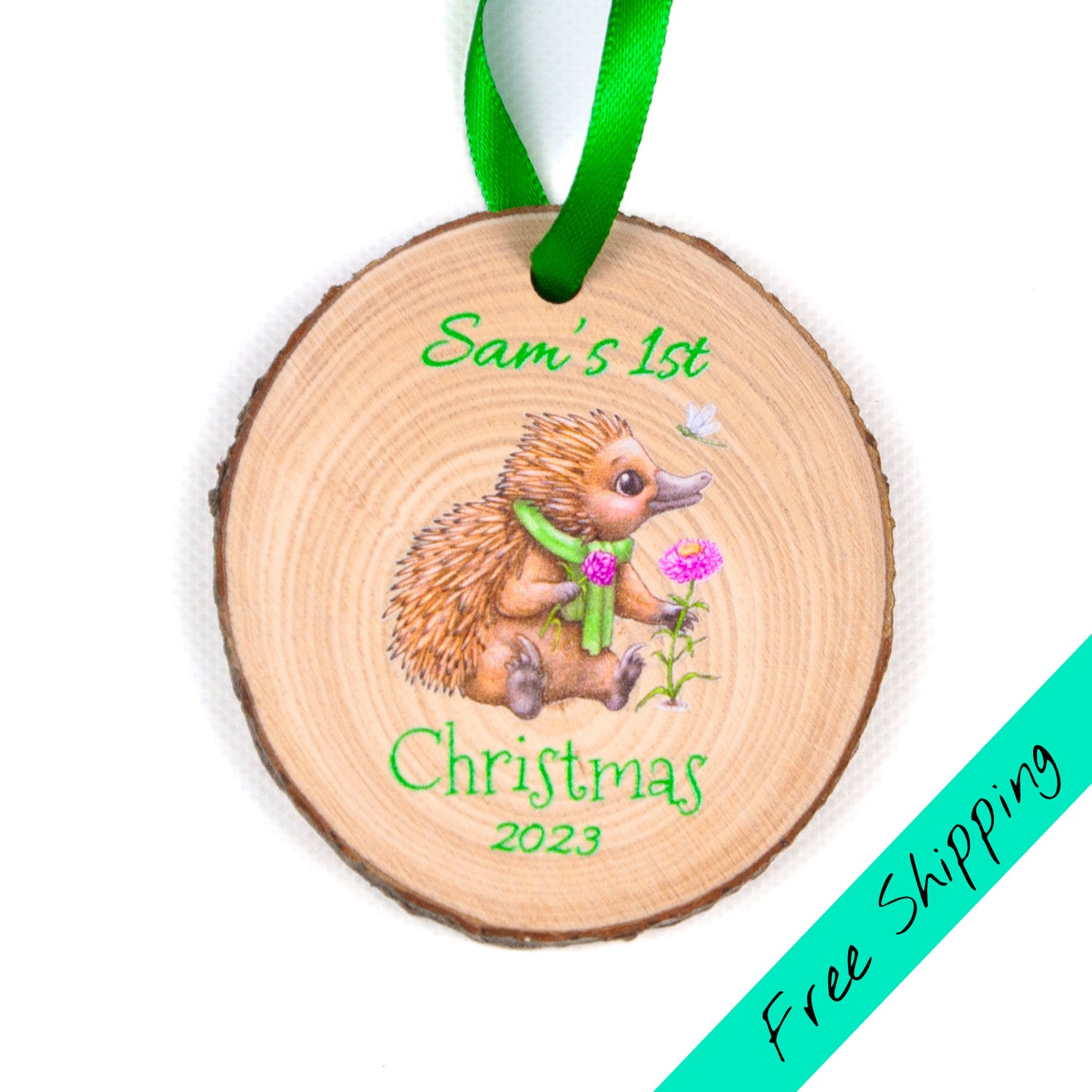 Wood slice first christmas ornament - echidna design