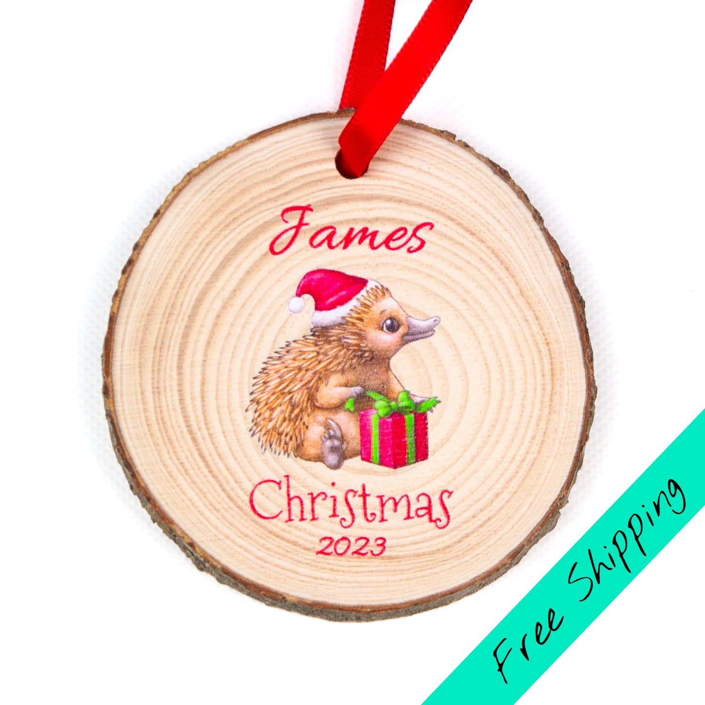 Wood slice christmas ornament echidna design on white background