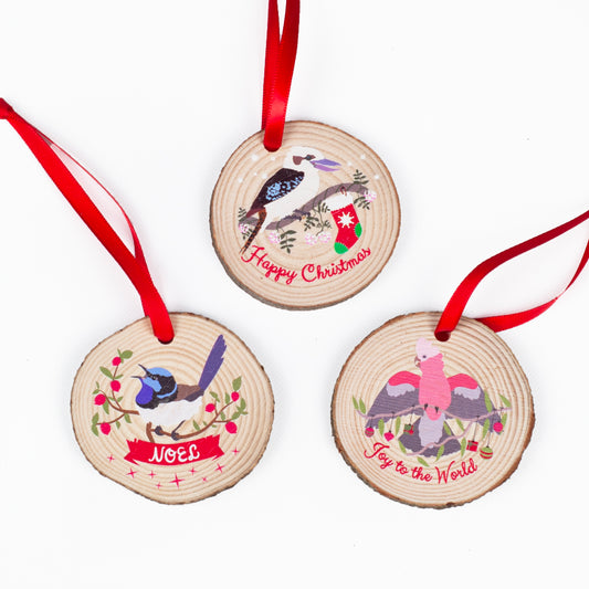 Set of 3 Australian Bird Ornaments for Christmas Gift Wood Slice