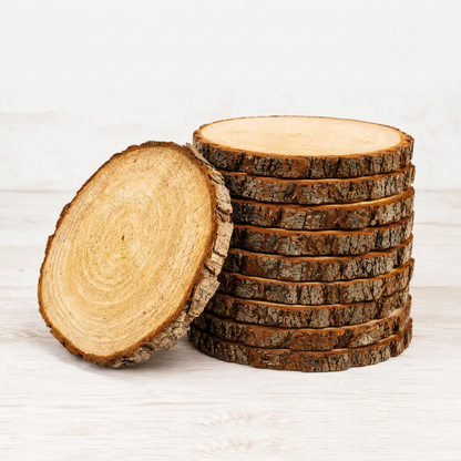 Stack of wooden slices on a light wooden background