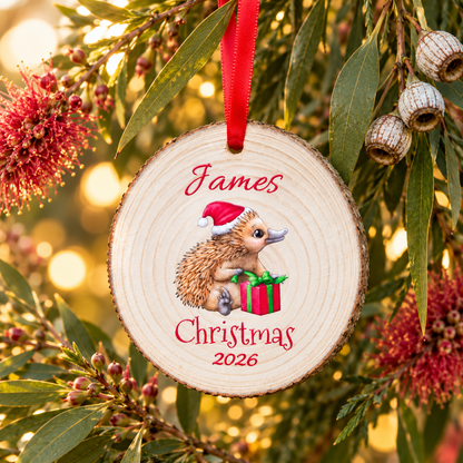 Personalised Echidna Christmas 2026 wood slice ornament