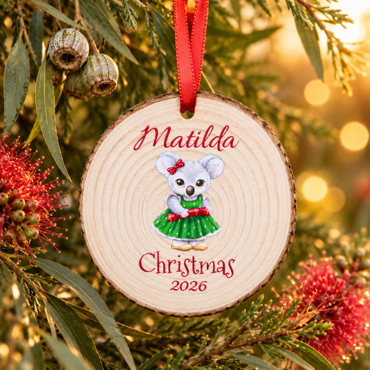 Personalised Koala Christmas 2026 wood slice ornament