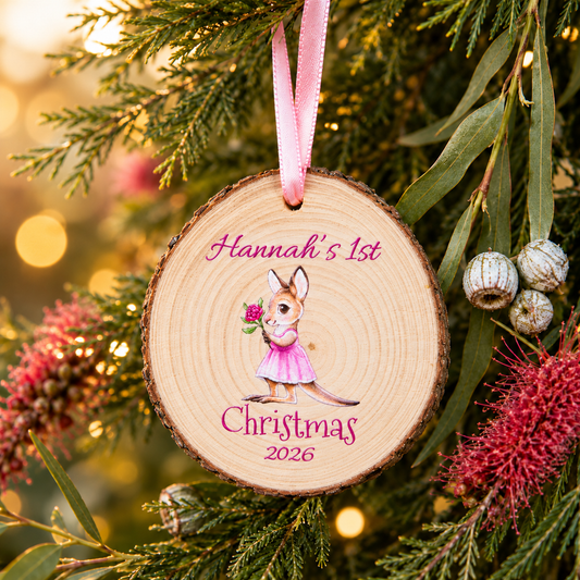 Personalised Kangaroo First Christmas 2026 wood slice ornament