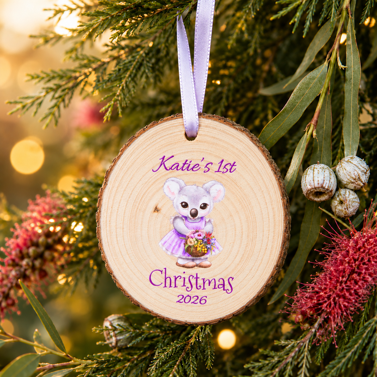 Personalised Koala First Christmas 2026 wood slice ornament
