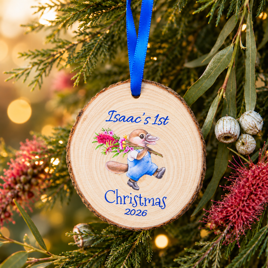 Personalised Platypus First Christmas 2026 wood slice ornament