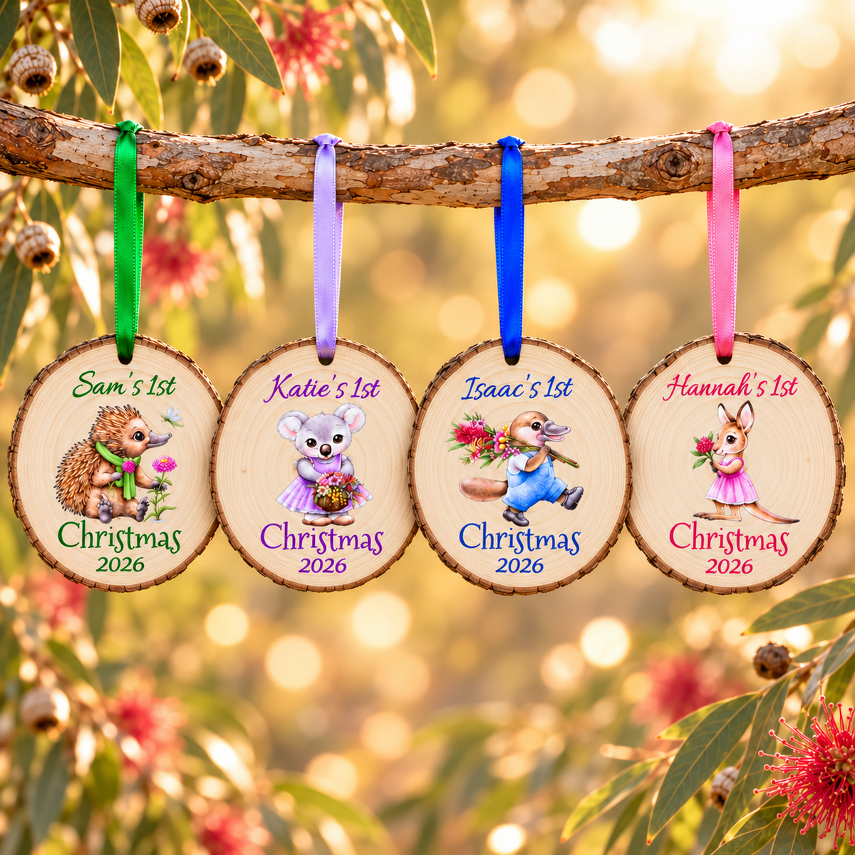 Personalised first Christmas wood slice ornaments featuring an echidna, koala, platypus and kangaroo, with names and 2026.